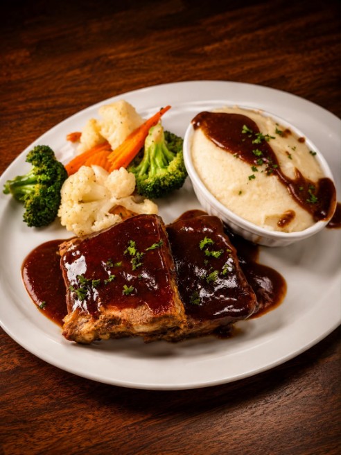Sauced entrée with mashed potatoes and mixed vegetables