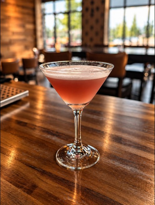 Pink cocktail in a stemmed glass on a wooden table